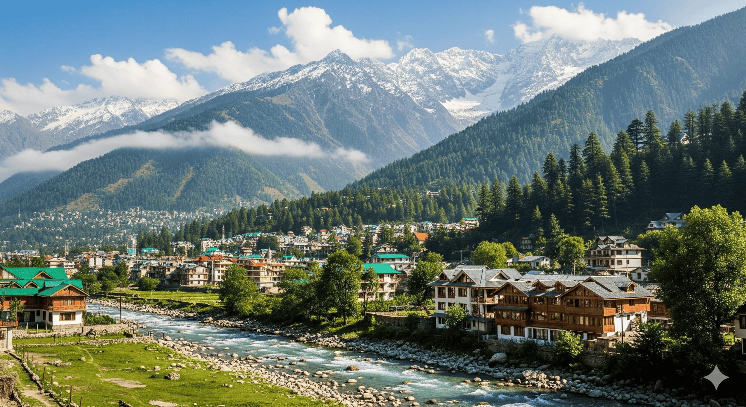 Scenic view of Beas River flowing through Manali town
